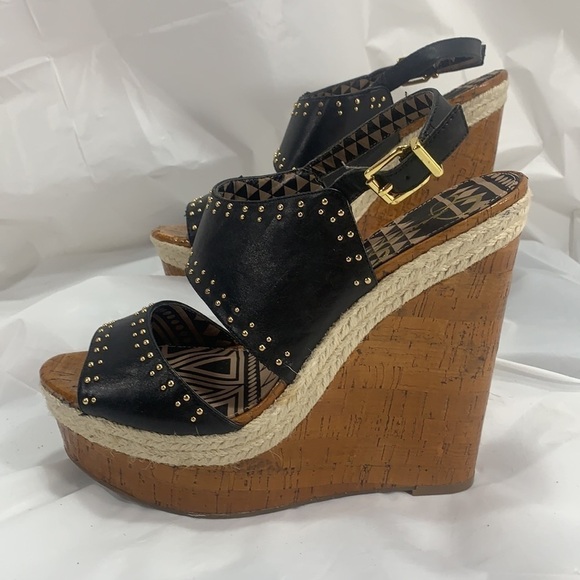 JESSICA Simpson Geno Cork look Platform Wedge Leather Studded Buckle Size 10B - Picture 6 of 12